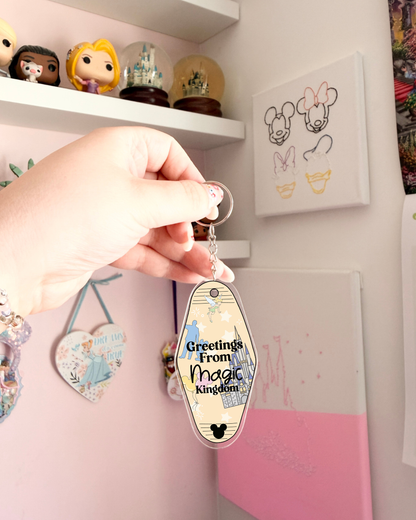 Greetings From Magical Parks Motel Keychains
