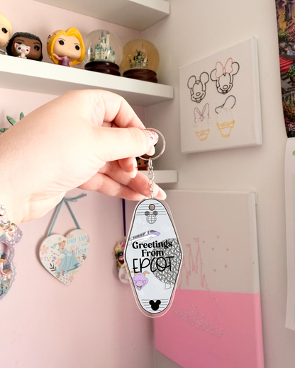 Greetings From Magical Parks Motel Keychains