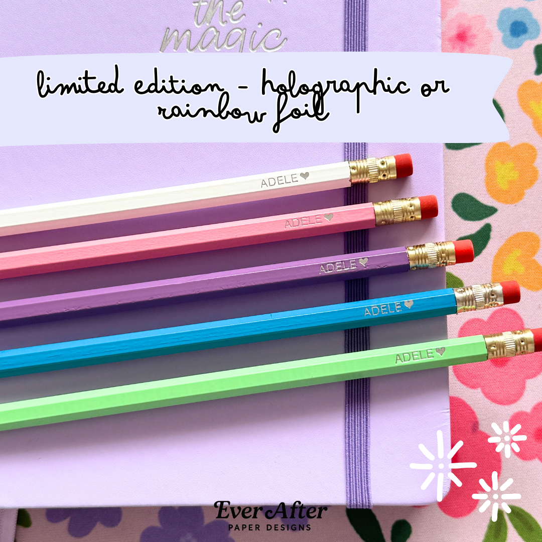 LIMITED EDITION Personalised Pencils - Holographic or Rainbow Foil - Choose Names or Phrases & Icons - Choose Your Colour