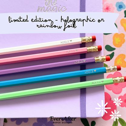 LIMITED EDITION Personalised Pencils - Holographic or Rainbow Foil - Choose Names or Phrases & Icons - Choose Your Colour
