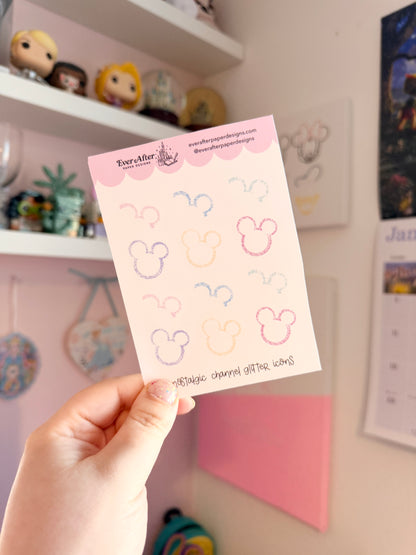 Nostalgic Channel Glitter Icons Sticker Sheet