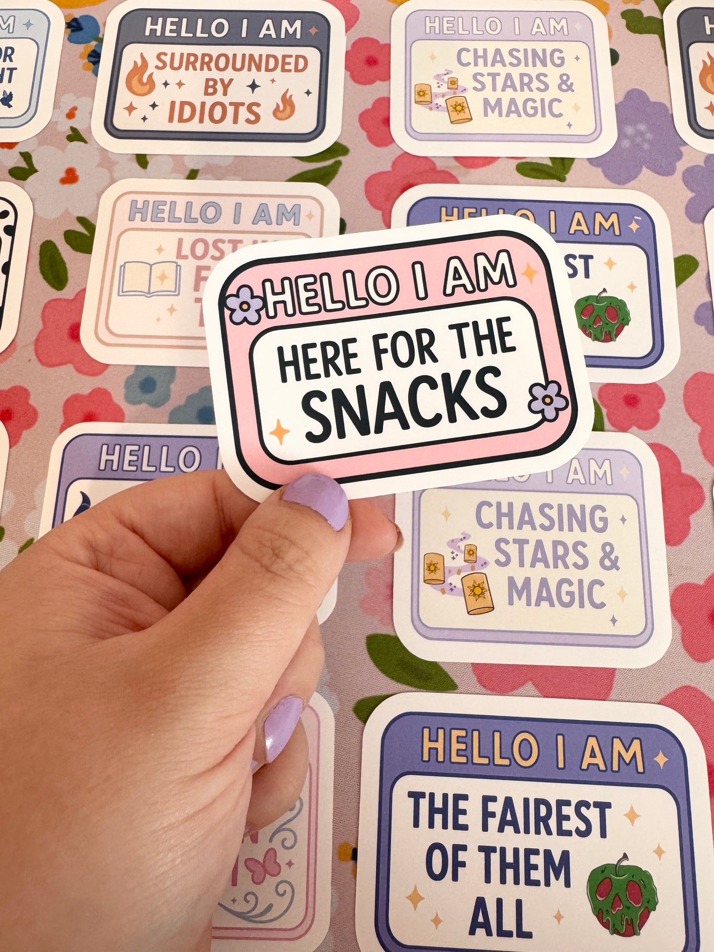 Hello I Am Here For The Snacks Floral Pink Vinyl Sticker