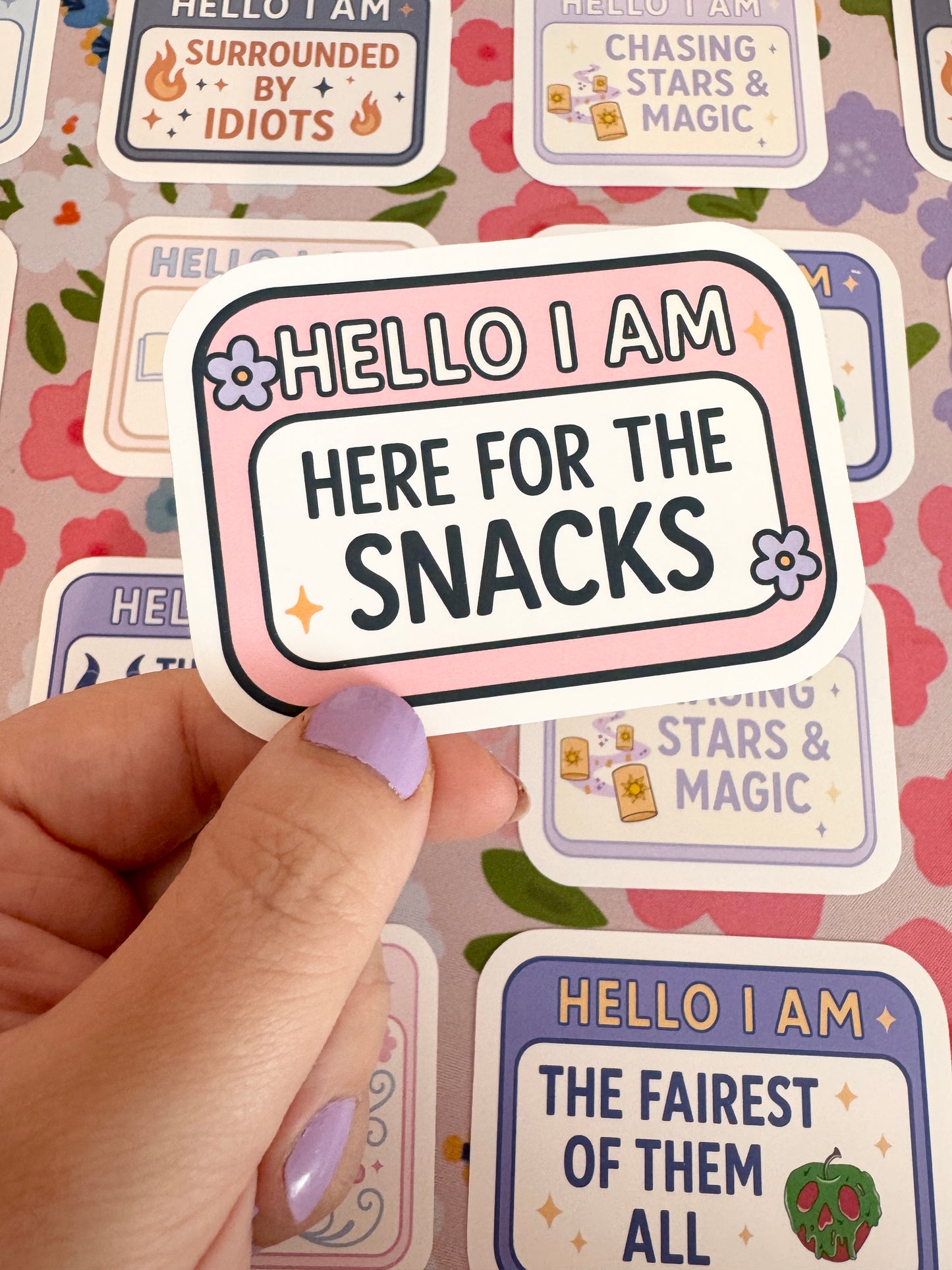 Hello I Am Here For The Snacks Floral Pink Vinyl Sticker